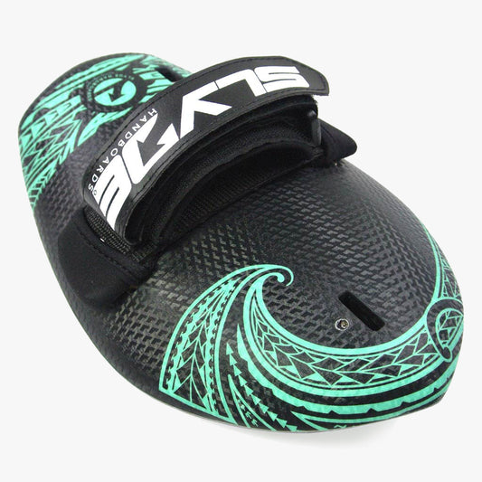 The Hawaiian Bula "TEAL" Tribal Shorebreak Handboard with Gopro Insert and Hand Strap.
